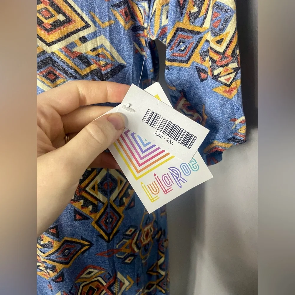 LuLaRoe Julia Dress Blue with Multicolored Aztec Pattern Midi Form Fitting - Picture 4 of 7
